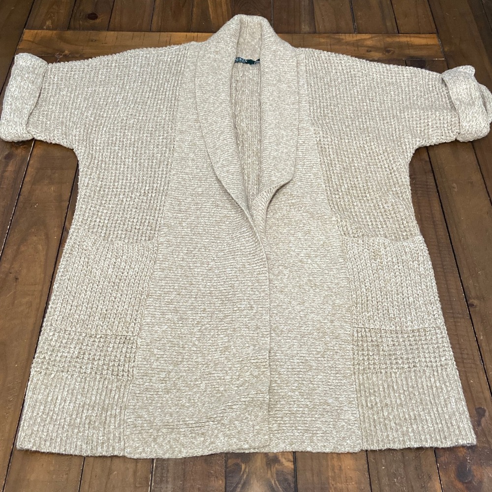 Lauren Ralph Lauren Beige Knit Shawl Collar Open Front Cardigan Sweater S/M